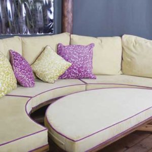 Day bed conversion - lime cushions with raspberry piping by Breeze House
