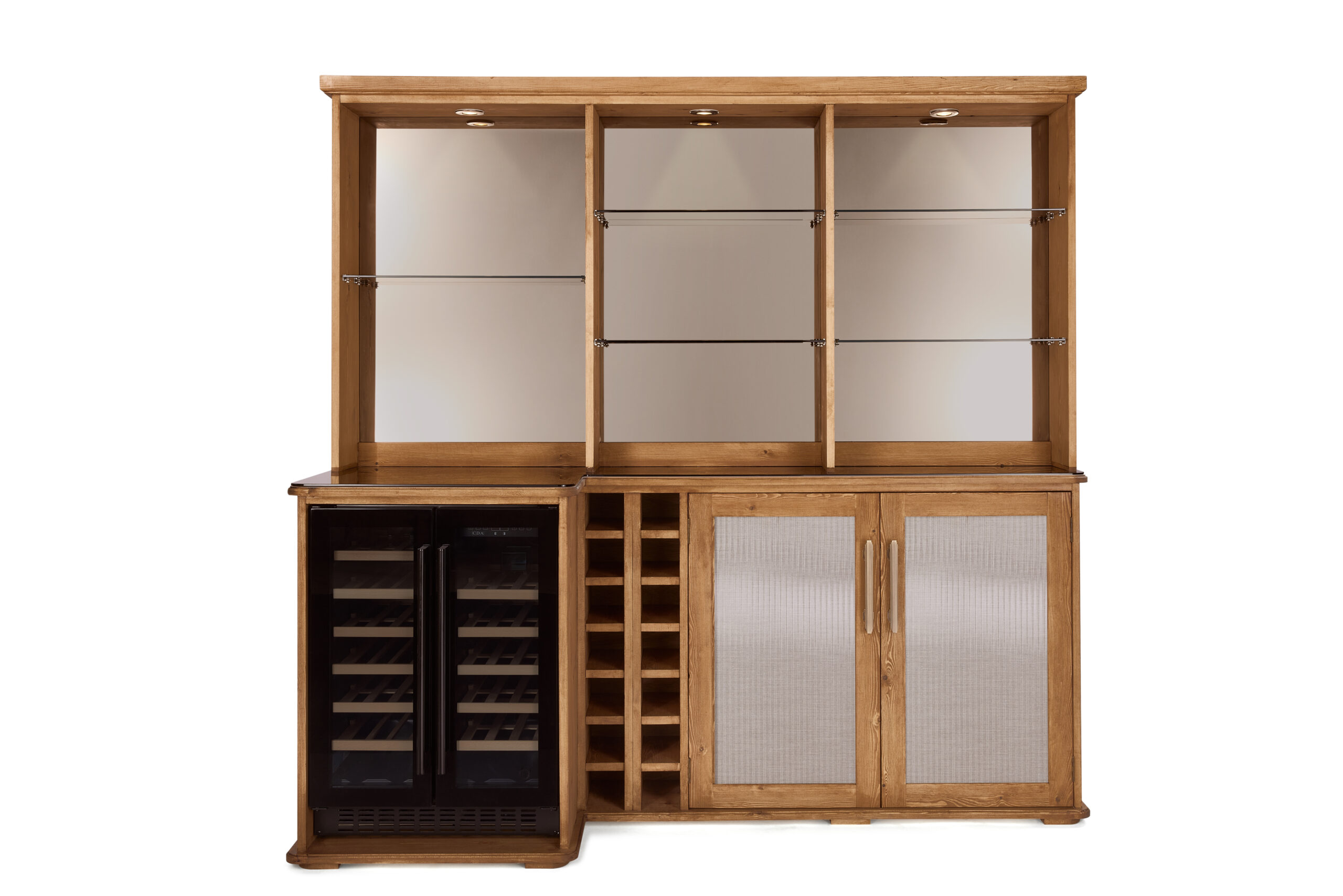 2 door cabinet with offset double wine cooler glazed doors WITH BAR SECTION left offset